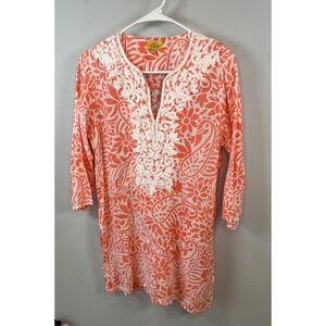 Roberta Roller Rabbit Coral Paisley Cotton Tunic Top Embroidered V-Neck M Womens